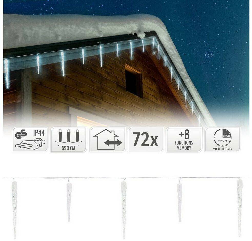 ECD Germany LED icicle fairy lights cold white, 72 cones, curtain 6.9m + 5m supply cable, 8 lighting modes + timer, waterproof IP44 indoor/outdoor, icicle chain icicle Christmas decoration - Ecd Germany